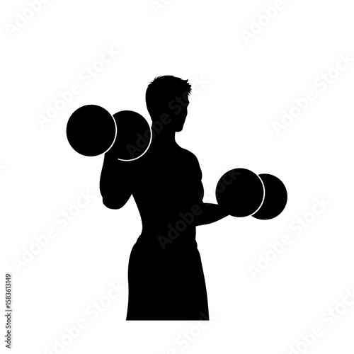 Silhouette of a muscular man lifting dumbbells in a fitness training exercise routine for strength building