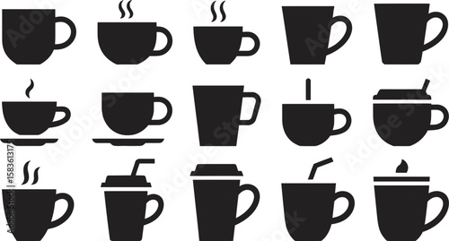 Wallpaper Mural Coffee and Tea Cup Silhouettes Set – Black Beverage Mug and Drinkware Icon Vector Torontodigital.ca