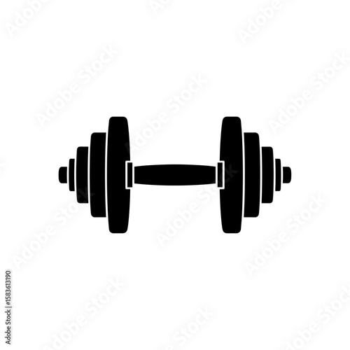 Isolated dumbbell with multiple weights stacked symmetrically on each side of the handle grip