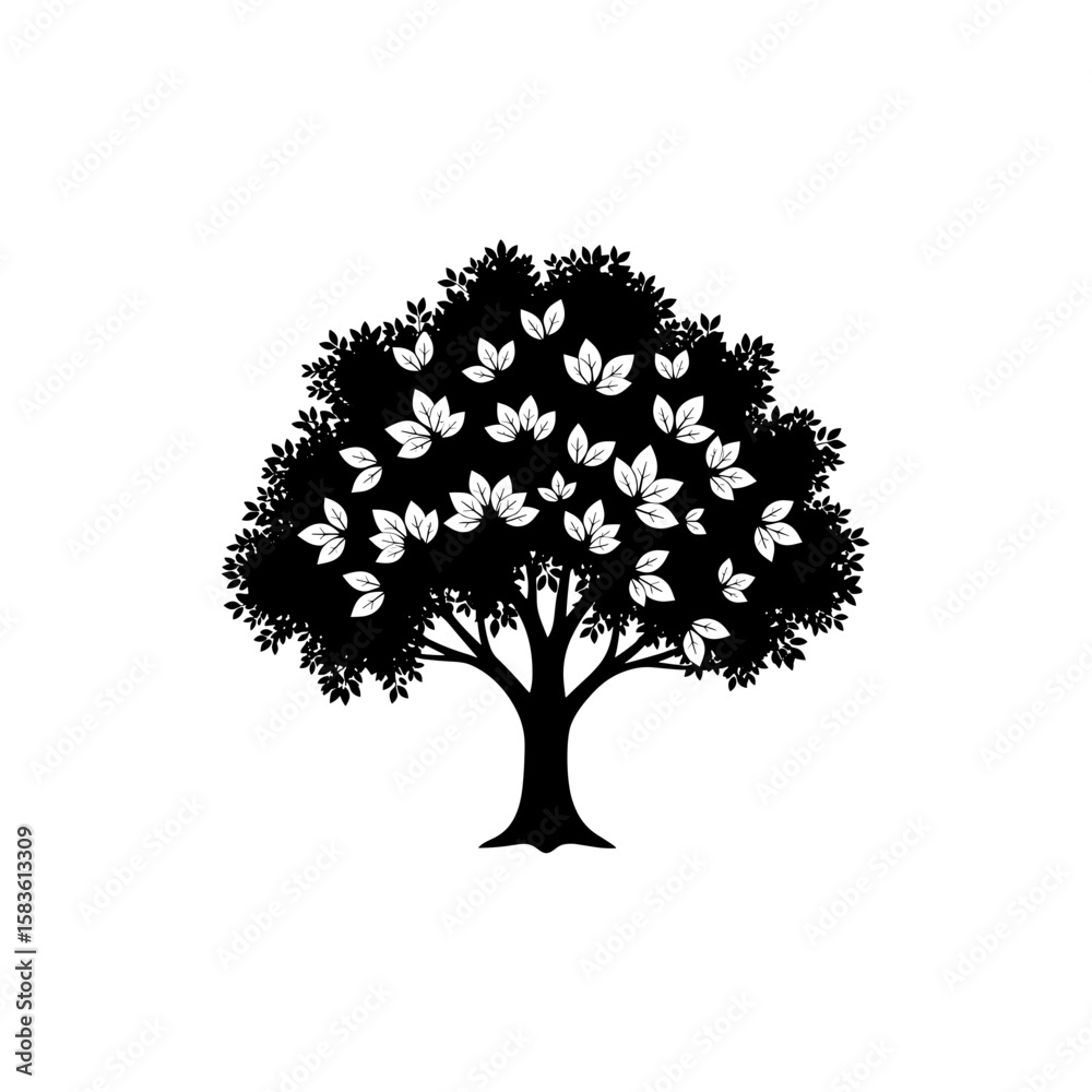 Fototapeta premium Silhouette of a tree with dense foliage and scattered leaves showing through the canopy design element