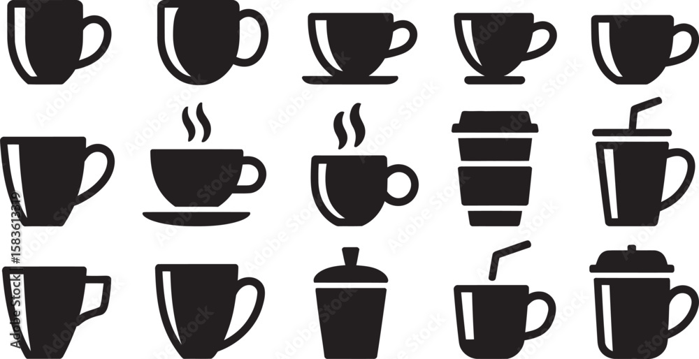 Obraz premium Coffee Cup and Mug Silhouettes Set – Black Beverage Icon Collection for Cafes and Menus