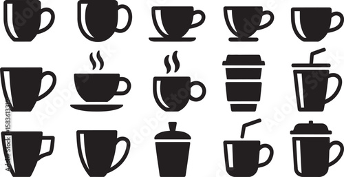 Coffee Cup and Mug Silhouettes Set – Black Beverage Icon Collection for Cafes and Menus