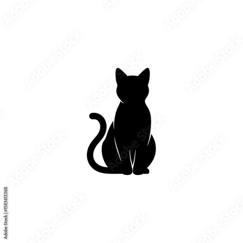 Silhouette of a feline sitting upright with a curled tail and pointed ears facing forward directly ahead