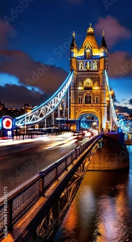 London Tower Bridge Night Time Lapse With Car Light Trails Over Thames River
