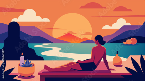As the sun sets over the horizon you take a break from your work to indulge in a relaxing massage and soothing hot springs soak at the onsite luxury spa.. Vector illustration