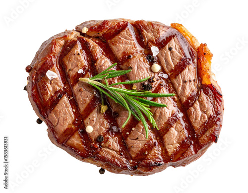 Photorealistic Ribeye Steak with Spices and Herbs, Top-Down View, Isolated on Transparent Background