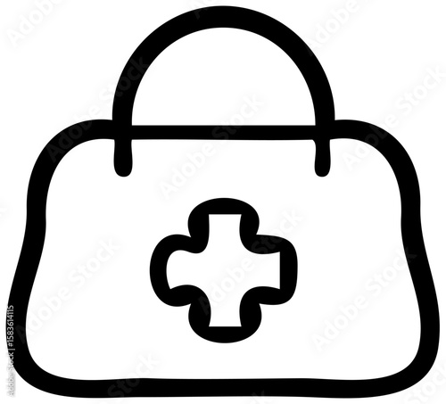 Simple black outline drawing of a medical bag with a plus sign.