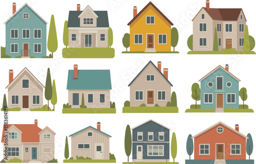 Charming suburban house vector set, traditional residential home illustrations with chimneys, windows, doors, front lawns, trees, neighborhood buildings, cozy architecture design collection