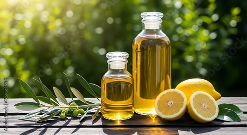 Natural Citrus and Olive Oils with Fresh Lemons on Wood