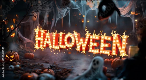 Spooky Halloween Scene With Pumpkins,Ghost,And Glowing Marquee Sign Animation