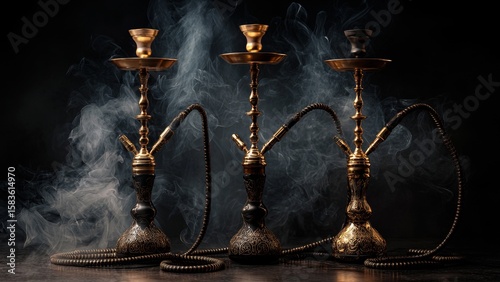 Beautifully designed and elegant hookahs set against a dark background filled with smoke