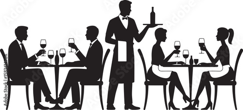 Restaurant Dining Silhouette Vector – Couples Eating with Waiter Serving Wine Illustration
