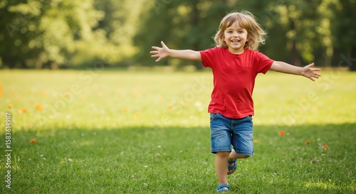 Fototapeta Naklejka Na Ścianę i Meble -  Happy boy running with arms open in green park on summer day  