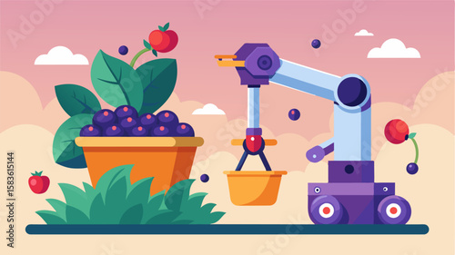 An autonomous harvesting robot carefully plucks ripe berries and gently deposits them into a waiting bin minimizing damage and waste.. Vector illustration