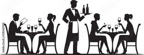 Restaurant Dining Silhouette Vector – Elegant People Eating and Waiter Serving Wine in Fine Dining Scene
