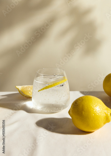 a cold clear glass of lemonade on the table illuminated by a bright light
