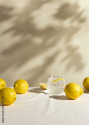 a cold clear glass of lemonade on the table illuminated by a bright light