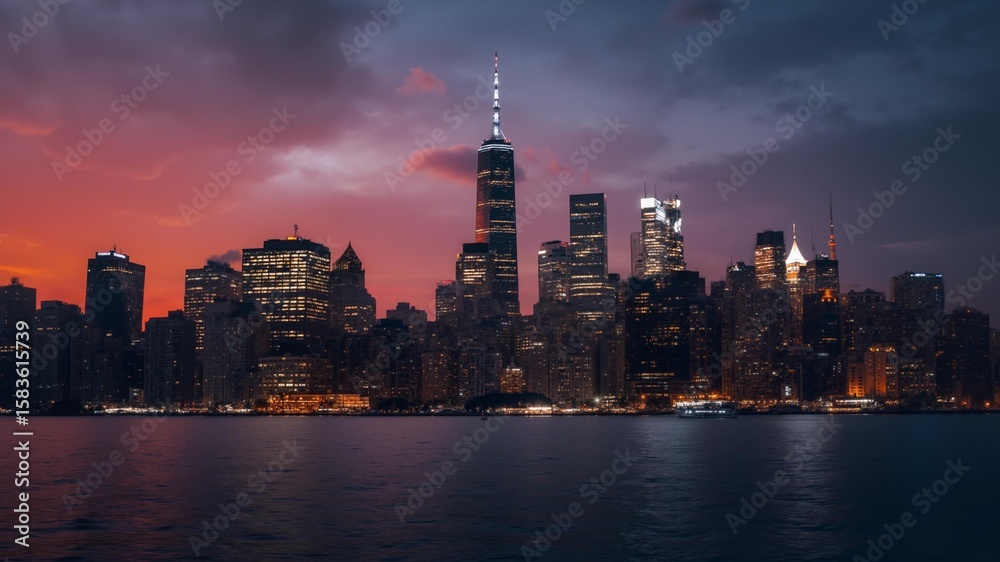 Obraz premium City skyline with skyscrapers at dusk