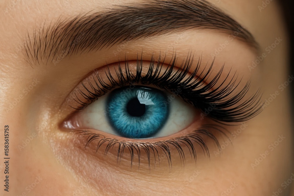 Obraz premium Close-up of a striking blue eye with meticulously defined eyelashes, highlighting the beauty of human eyes