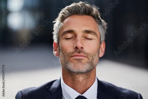 Mature male executive meditating outdoors in daylight