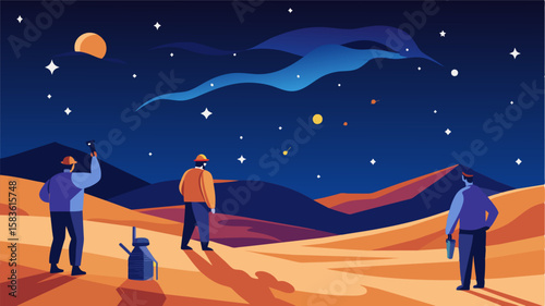 At night the clear desert sky was a stargazers paradise and the workers spent hours marveling at the ling constellations above.. Vector illustration