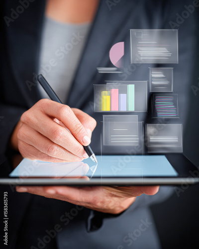 A person uses a digital pen on a tablet, interacting with floating virtual charts and graphs in a business or data analysis setting.