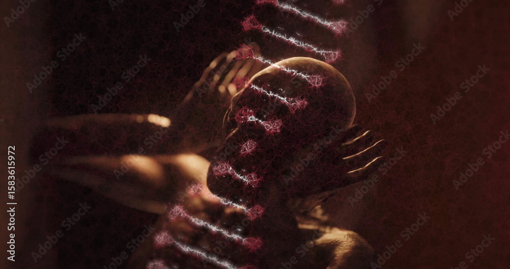 Fototapeta premium Posing bare-chested man tilting back and cupping temples in studio, projecting double helix pattern