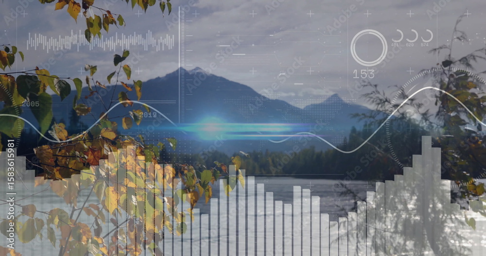 Fototapeta premium Displaying digital overlay with charts hovering at lakeshore, with forest, branches and mountains