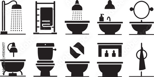 Bathroom Fixtures and Sanitary Ware Black Silhouette Icons Set on Transparent Background for Interior Design and Plumbing Projects