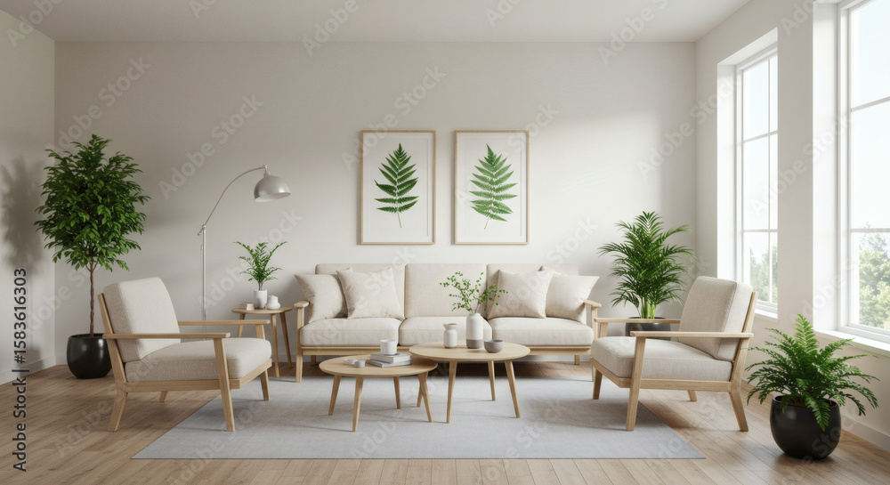Fototapeta premium Bright, minimalist living room with beige furniture, potted plants, and framed botanical prints.