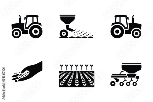 Tractor planting seeds in field with growing crops and hand holding seeds vector