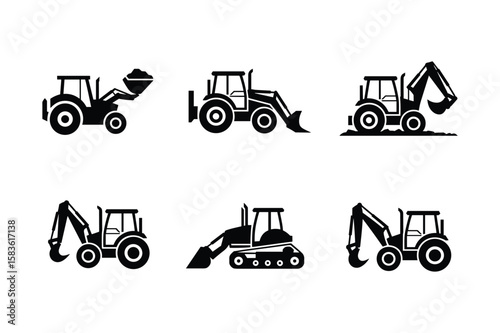 Black silhouette construction vehicles with scoops and diggers heavy machinery excavator