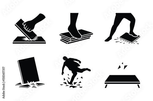 Black silhouette icons showing impact and breakage hand foot
