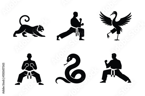 Black silhouettes of martial arts poses and animals karate kung fu