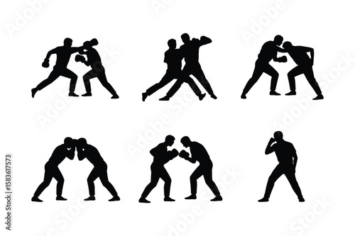 Boxing match action poses fighters athletes