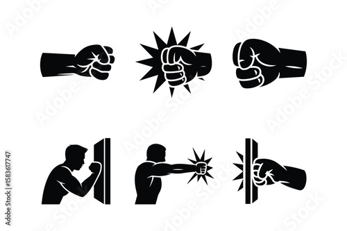 Fist punching impact burst action silhouette vector