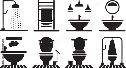 Bathroom Fixtures and Sanitary Ware Icons Set Black Silhouette on Transparent Background - Modern Lavatory Equipment Pictograms