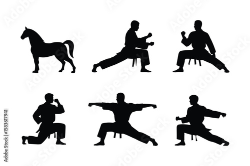 Horse Silhouette and Karate Poses black white
