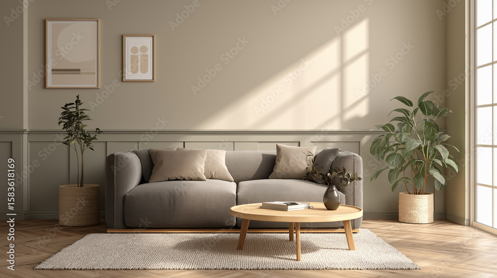 Obraz premium Modern Living Room Interior Design Gray Sofa Wooden Coffee Table Neutral Decor