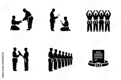 Martial arts figures receiving awards and standing in formation certificate recognition