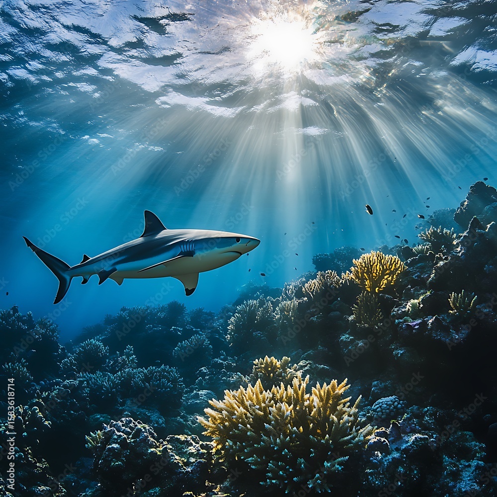 Fototapeta premium Real ocean predator with exotic reef fishes high resolution picture