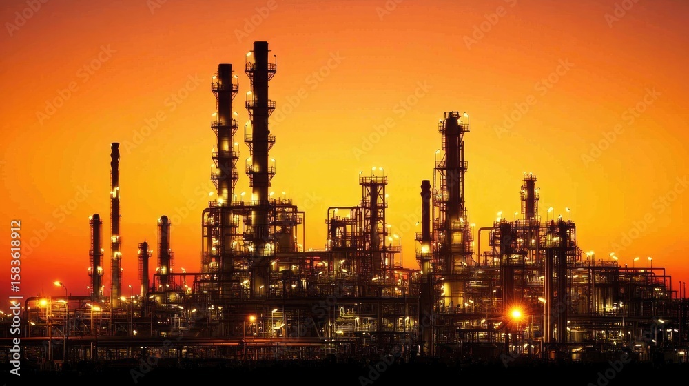 Industrial Oil Refinery Silhouetted Against Vibrant Sunset Sky Industrial Oil Refinery Silhouetted Against Vibrant Sunset Sky