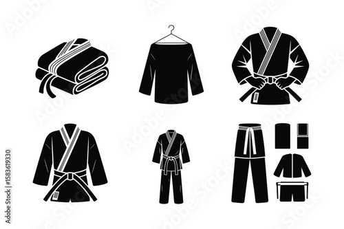 Martial Arts Uniforms And Accessories Black Silhouette Icons judo karate