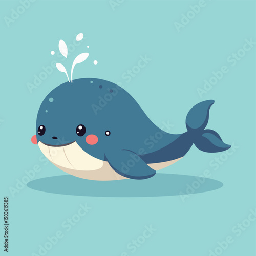 Cute Blue Whale Illustration with Water Splash on Aqua Background