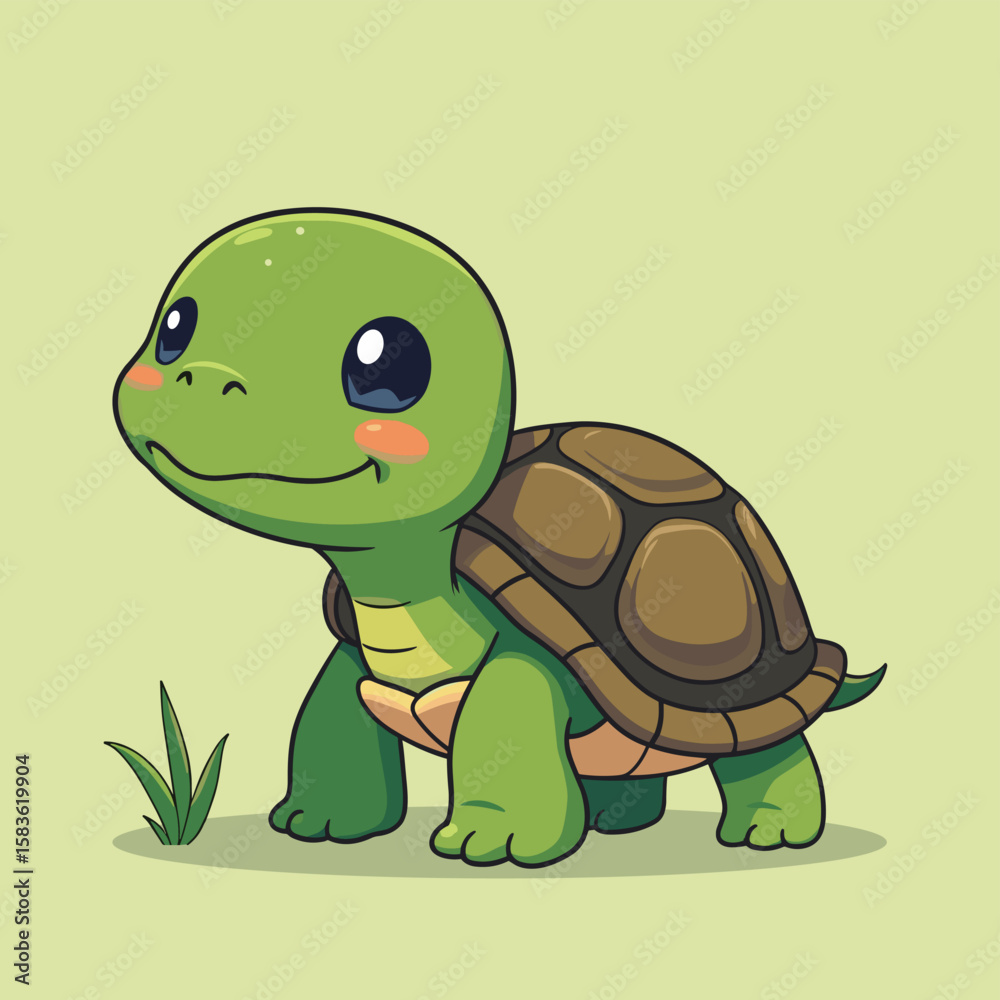 Obraz premium Cute Cartoon Green Turtle Illustration with Big Eyes and Shell