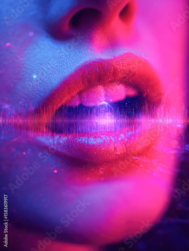 Close-up of lips with vibrant neon pink and blue lighting, featuring a digital soundwave overlay symbolizing audio or voice technology.