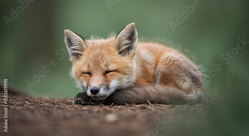 Adorable red fox kit peacefully sleeps nestled in soft earth bathed in dappled sunlight. AI Generated