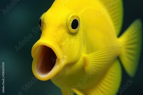 A vibrant yellow fish with wide eyes and a mouth open, as if caught mid-yawn or in surprise