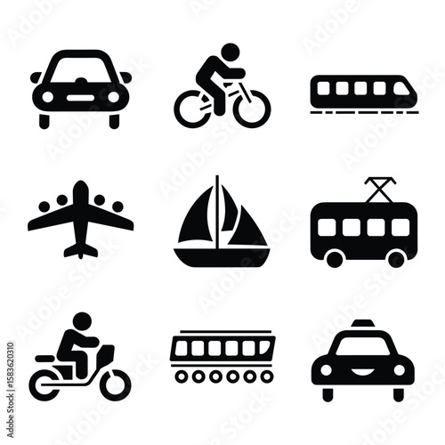 Transportation Icons Set Including Car, Bike, and Train