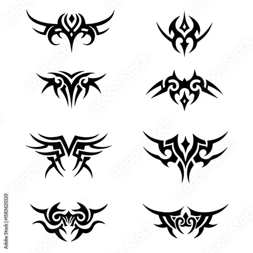 Distinct tribal tattoo designs with sharp edges and flowing lines